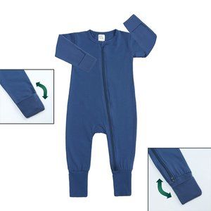 Long Sleeve Baby Romper Sleeper Cotton Mitted Footed Double Zipper Blue 3-24 Mo